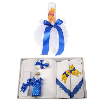 Pachet Trusou Botez cu lumanare ursulet si decor albastru Baieti Denikos® 126 - NKO1681