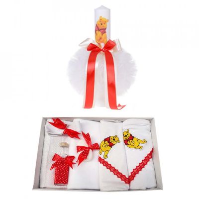 Trusou de botez plus lumanare si ursulet brodat cu decor rosu pentru Fete Denikos® 127 - NKO1682