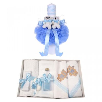 Set trusou de botez brodat si lumanare cu ursuleti in decor bleu Denikos® 97 pentru Baietel - NKO1652