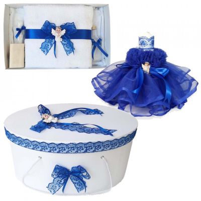 Pachet trusou botez cu lumanare si cutie trusou pentru Baietel Denikos® 476 ingeras dantela albastra NKO2033