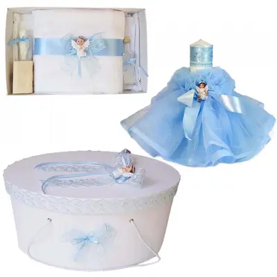 Trusou de botez Baiat plus lumanare botez si cutie trusou cu ingeras si dantela bleu Denikos&reg; 477 NKO2034