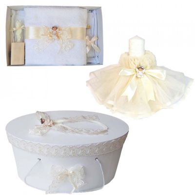 Pachet trusou de botez unisex cu lumanare botez si cutie trusou cu ingeras decor ivoire Denikos® 479 NKO2036
