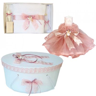 Set lumanare botez si trusou botez in cutie Denikos® 480 cu Ingeras dantela roz prafuit NKO2037