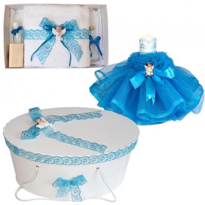 Set trusou botez cu dantela turcoaz cu lumanare si cutie trusou cu ingeras pentru Baiat Denikos® 478 NKO2035
