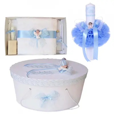 Pachet cu trusou botez si lumanare cu cutie trusou Baietel Denikos&reg; 472 cu ingeras si dantela bleu NKO2029