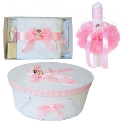 Set cutie trusou si trusou de botez cu lumanare Fetita si ingeras dantela roz Denikos® 474 NKO2031