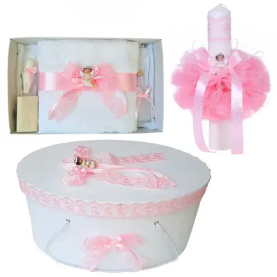 Set cutie trusou si trusou de botez cu lumanare Fetita si ingeras dantela roz Denikos&reg; 474 NKO2031