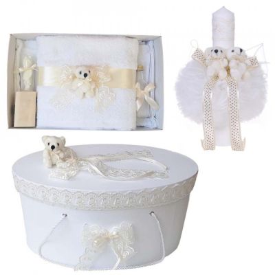 Set Unisex trusou botez si lumanare botez cu cutie trusou si decor ursulet dantela ivoire Denikos® 470 - NKO2027