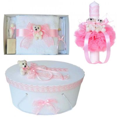 Set trusou botez Fetita si cutie trusou cu lumanare Denikos® 467 si ursulet dantela roz NKO2024