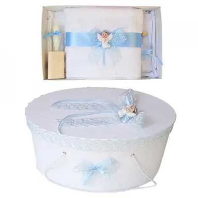 Set trusou botez Baietei cu cutie trusou si Ingeras dantela bleu Denikos&reg; 446 NKO2003
