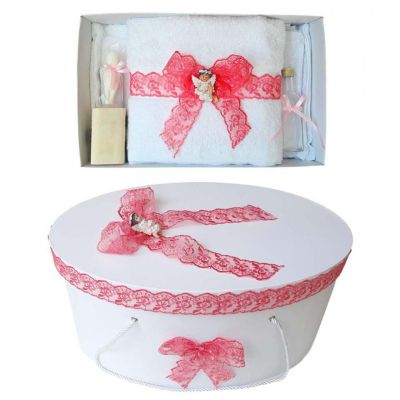 Set trusou botez si cutie trusou pentru Fete cu ingeras si dantela corai Denikos® 448 NKO2005
