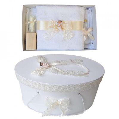 Pachet cutie tursou botez si trusou botez unisex cu dantela ivoire si ingeras Denikos® 449 NKO2006