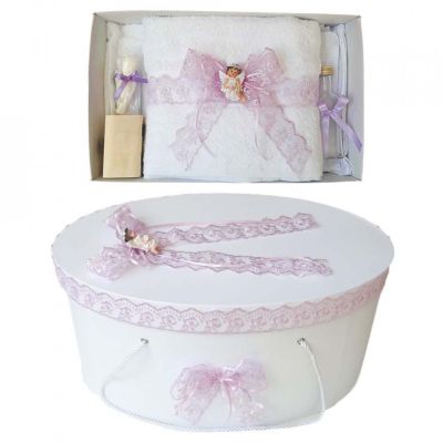 Set trusou botez si cutie trusou pentru fete cu decor dantela lila si ingeras Denikos® 450 NKO2007