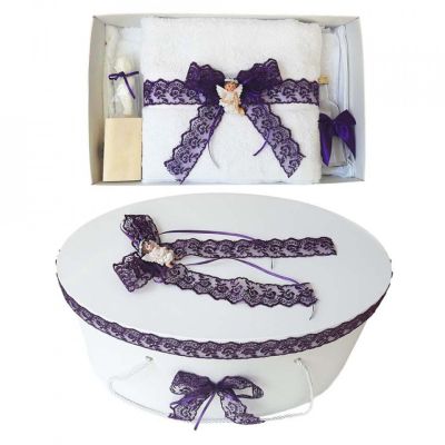 Set trusou botez si cutie trusou cu ingeras si dantela mov pentru Fetite Denikos® 451 NKO2008