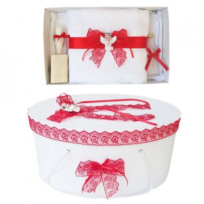 Set trusou botez si cutie trusou pentru Fetita cu ingeras si dantela rosie Denikos® 452 NKO2009