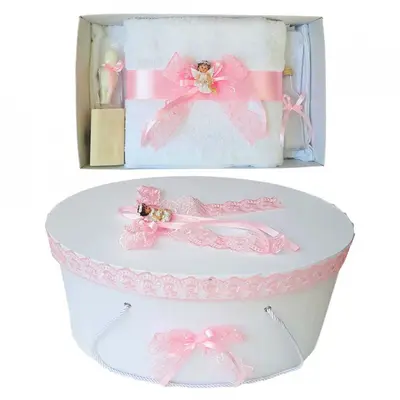 Set trusou botez Fetite si cutie trusou cu Ingeras si dantela roz Denikos&reg; 454 NKO2011