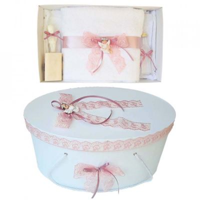 Set trusou botez si cutie trusou cu Ingeras pentru Fete Denikos® 453 cu dantela roz prafuit - NKO2010