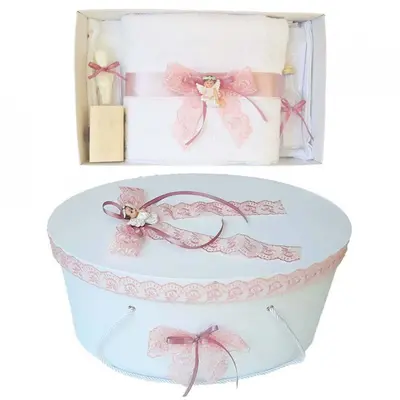 Set trusou botez si cutie trusou cu Ingeras pentru Fete Denikos&reg; 453 cu dantela roz prafuit - NKO2010