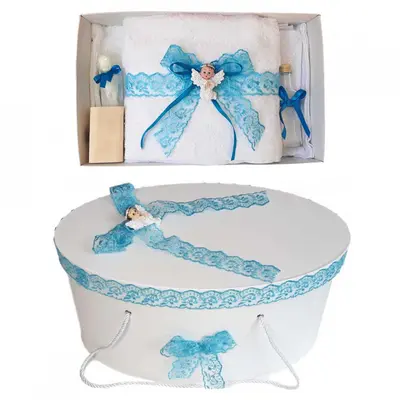 Set trusou de botez Baieti si cutie trusou cu ingeras si dantela turcoaz Denikos&reg; 455 NKO2012