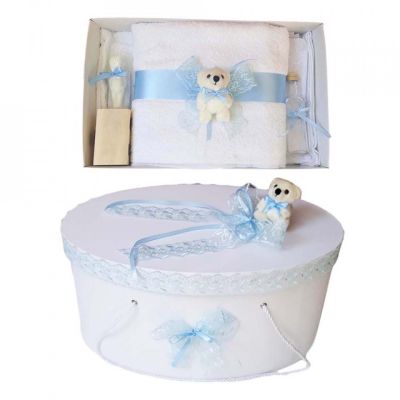 Set Cutie si Trusou de botez pentru baieti cu dantela bleu si ursulet Denikos® 457 NKO2014