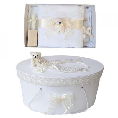 Set trusou botez si cutie trusou Unisex cu ursulet si dantela ivory Denikos® 460 NKO2017