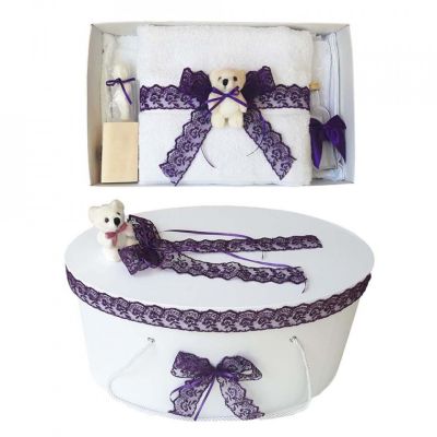 Pachet trusou botez si cutie trusou pentru Fete Denikos® 463 cu dantela mov si ursulet  NKO2020