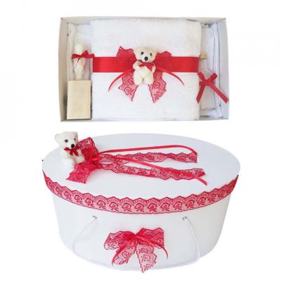 Set trusou Denikos 464 pentru Fetita cu trusou botez si cutie trusou, ursulet si dantela rosie - NKO2021