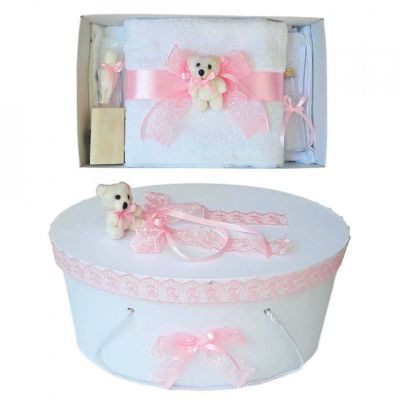 Set trusou botez si cutie trusou pentru Fetite cu ursulet si dantela roz Denikos® 466 NKO2023