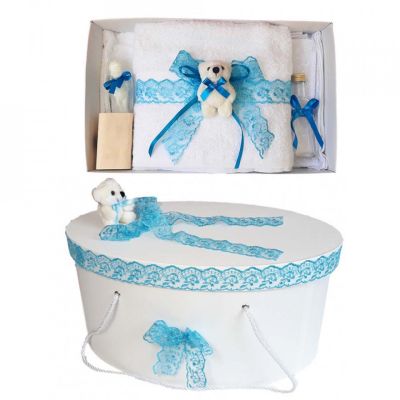 Set trusou botez si cutie trusou cu ursulet si dantela turcoaz pentru baieti Denikos® 459 NKO2016