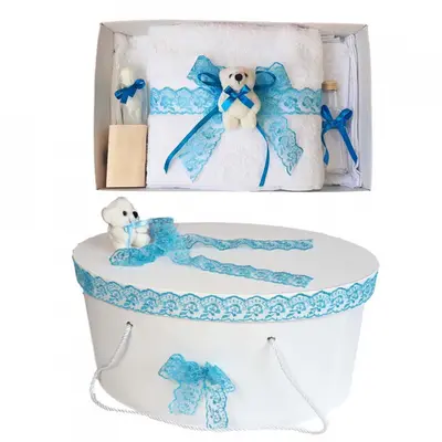 Set trusou botez si cutie trusou cu ursulet si dantela turcoaz pentru baieti Denikos&reg; 459 NKO2016