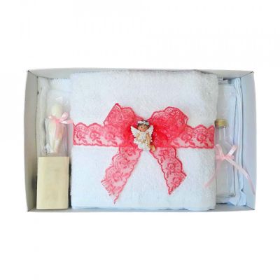 Trusou de botez cu dantela corai si ingeras Denikos 427 pentru Fetite - NKO1984