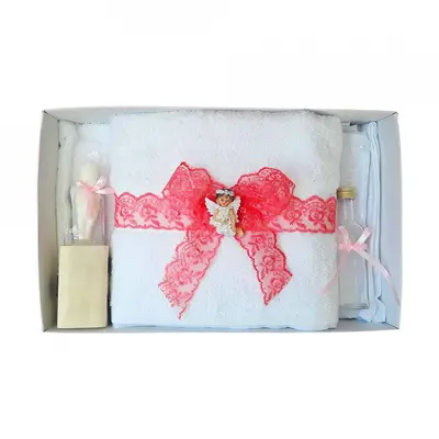 Trusou de botez cu dantela corai si ingeras Denikos 427 pentru Fetite - NKO1984