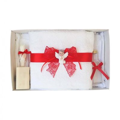 Trusou botez Fetita cu dantela rosie si ingeras Denikos® 431 NKO1988