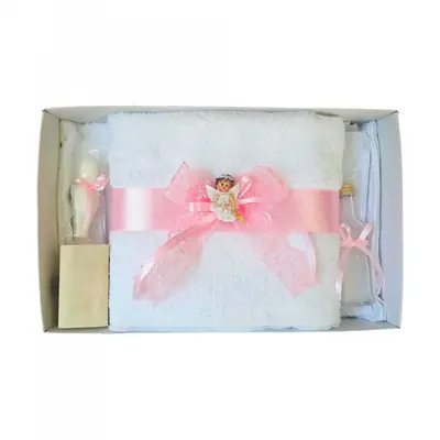 Trusou de botez pentru Fete Denikos 433 cu dantela roz si ingeras - NKO1990