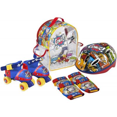 Set Patine cu rotile pentru copii Saica 9745 Comic marime reglabila 24-29 cu accesorii protectie si casca - SOLSA9745