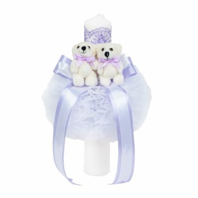 Lumanare pentru botez pentru fete cu 2 ursuleti si decor LILA Denikos® 525 NKO2056