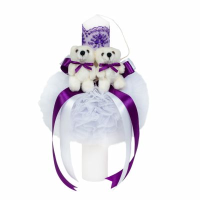 Lumanare de botez decor MOV cu 2 ursuleti pentru fete Denikos® 526 NKO2057