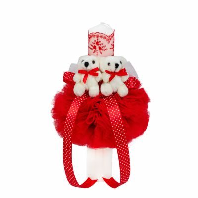 Lumanare de botez decor rosu cu 2 ursuleti pentru Fetite Denikos® 527 NKO2058