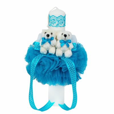 Lumanare pentru botez decor turcoaz cu 2 ursuleti pentru baietel Denikos® 529 NKO2060