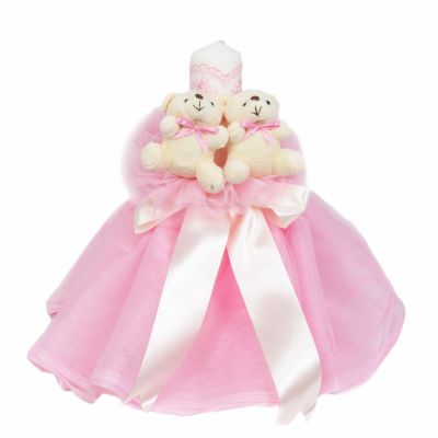 Lumanare botez fetita cu tul si decor roz cu ursuleti Denikos® 538 NKO2069