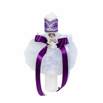 Lumanare de botez glob cu ingeras pentru Fetita cu decor Mov Denikos® 520 NKO2051