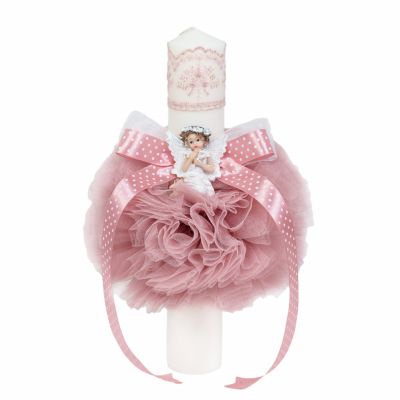 Lumanare de botez fetite cu glob cu ingeras si decor roz pudra Denikos® 518 NKO2049