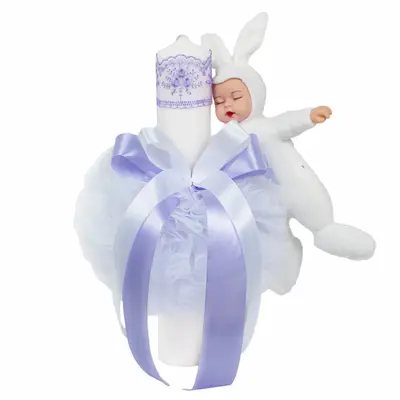Lumanare de botez Fete cu jucarie iepuras si decor Lila Denikos® 514 NKO2045