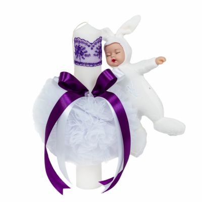Lumanare pentru botez Fetita cu jucarie iepuras in decor Mov Denikos® 515 NKO2046