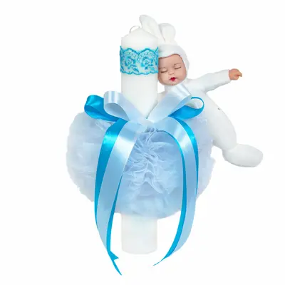 Lumanare botez cu jucarie iepuras si decor turcoaz pentru Baietel Denikos® 512 NKO2043