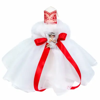 Lumanare de botez rochita si fundita rosie Fetite, cu ingeras Denikos® 511 NKO2042