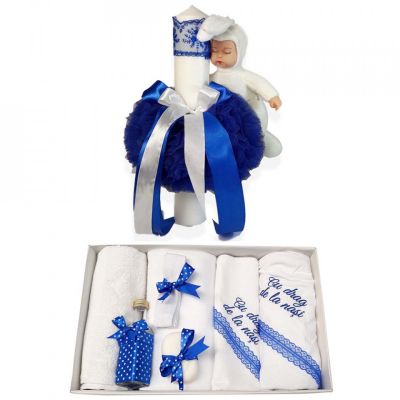 Pachet Trusou botez cu mesaj si lumanare cu iepuras pentru baieti decor albastru Denikos 542 - NKO2960