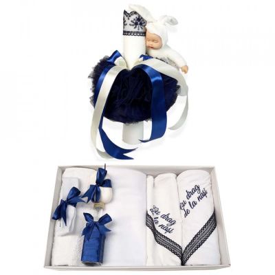 Pachet Trusou de botez cu mesaj si lumanare cu iepuras pentru Baietel Denikos® 543 decor bleumarin - NKO2961