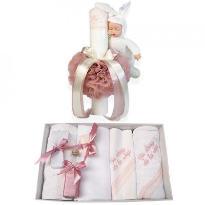 Pachet Trusou cu mesaj si lumanare de botez cu iepuras pentru Fetite Denikos® 545 decor dusty rose NKO2963
