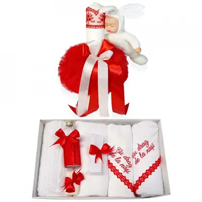 Set Trusou botez cu mesaj si lumanare cu iepuras Denikos 544 decor rosu pentru fetite - NKO2962